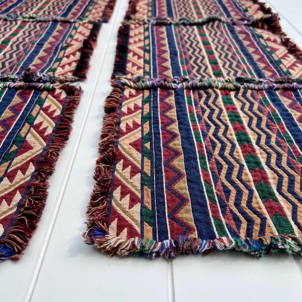 Vintage Southwestern Geometric Fabric Fringe Placemats | Set of 6